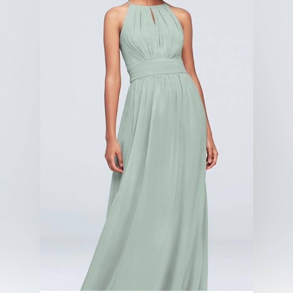 David’s Bridal Sage Chiffon High-neck Bridesmaids Dress with Keyhole